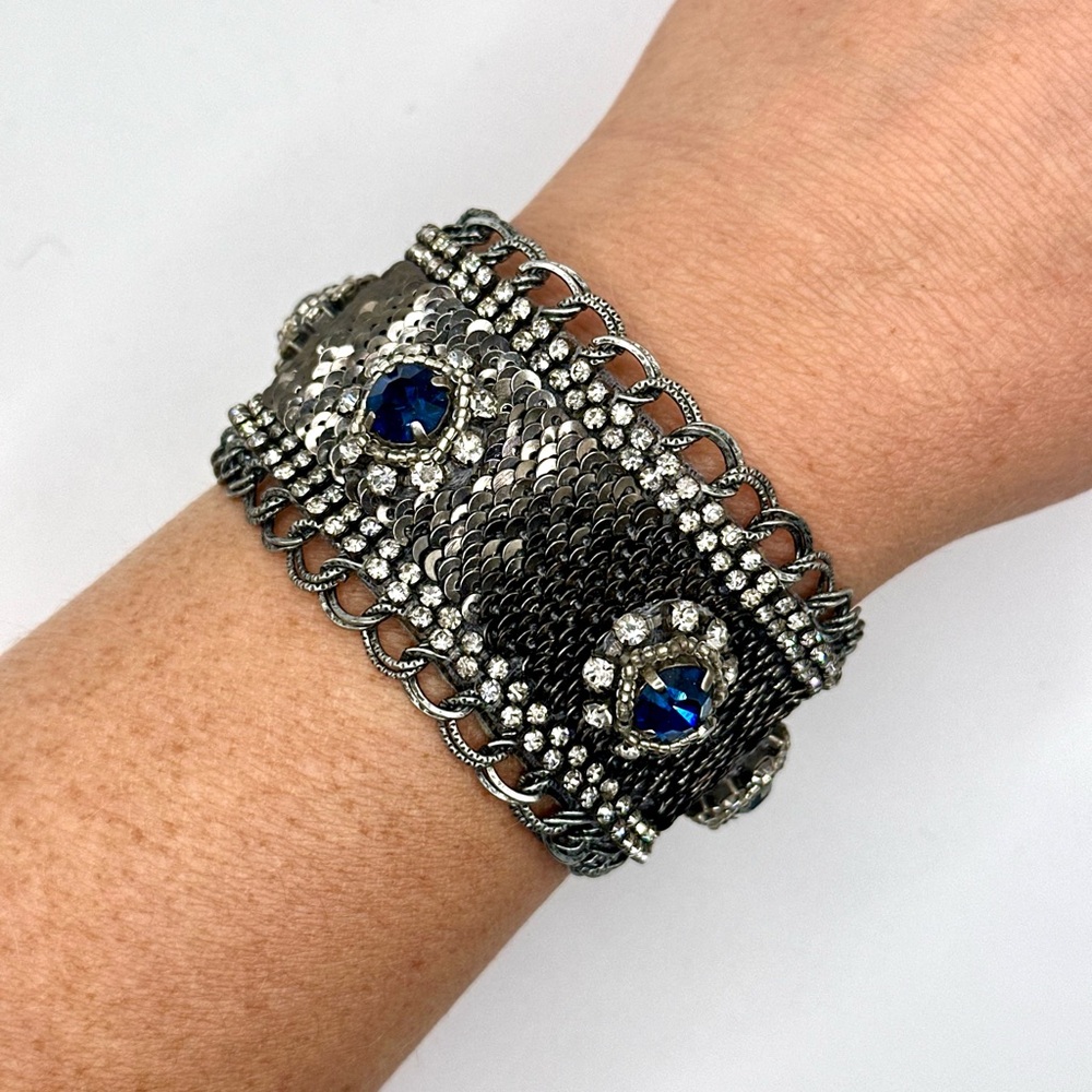 Deepa Gurnani Crystal Embellished Cuff Bracelet - Grey Sequins Blue Rhinestones